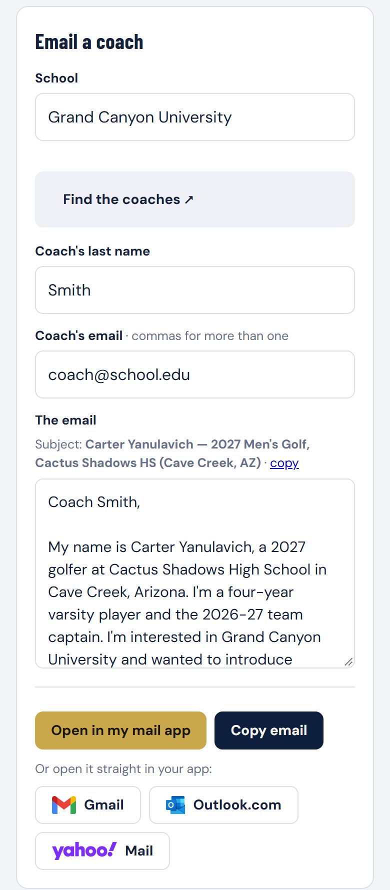 Email a coach: pick the school, add the coach, and the email is already written with Gmail, Outlook and Yahoo buttons