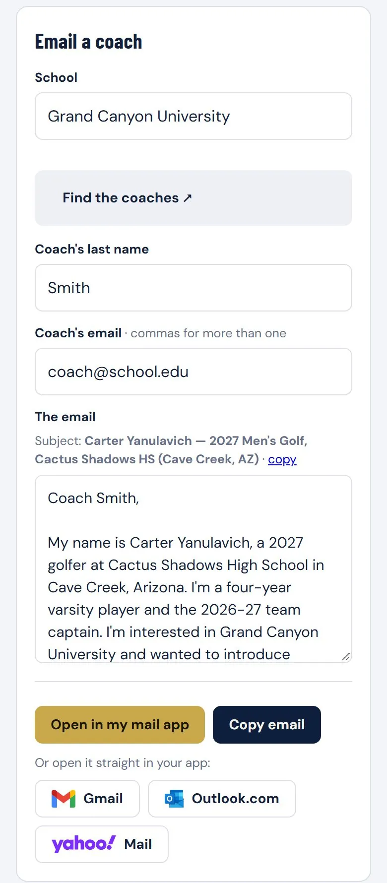 Email a coach: school, coach and a ready-written email with Gmail, Outlook and Yahoo buttons