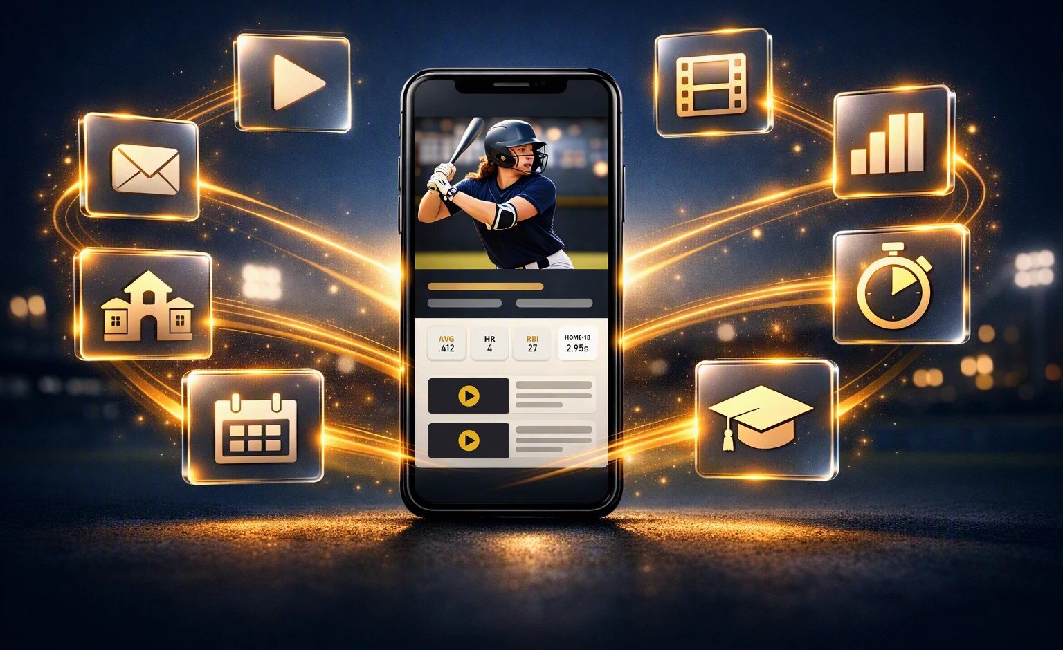 A player's phone with film, stats, speed, academics, schedule, high school and contact all flowing into it