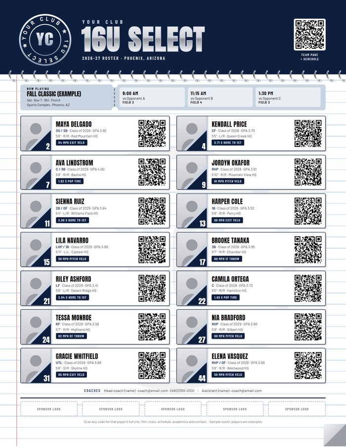 Game-day roster sheet with a QR code for every player